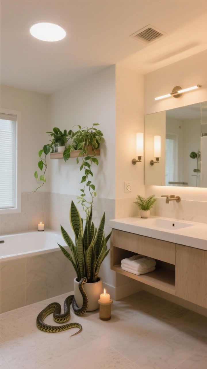 A wide bathroom shot balancing plants and calm lighting: snake plant on the floor near the vanity, pothos trailing from a wall planter, and a tiny fern on a shelf; layered lighting includes a warm 2700K–3000K overhead ceiling light and paired vanity sconces or an LED mirror casting an even, shadow-free glow; a dimmer switch on the wall and a lit candle near the tub suggest spa-night ambiance; neutral, light-toned materials keep it serene.