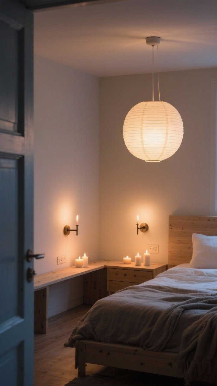 A wide evening shot of layered cozy lighting in a Scandinavian bedroom: paper lantern pendant casting a soft, diffused glow; two warm 2700K bedside sconces freeing up the nightstands; a few candles (battery-powered) providing flickering warmth on a ledge; dimmer-controlled ambiance with no harsh overhead bulb; neutral walls, pale wood accents, and calm textiles recede into a gentle, hygge atmosphere; photographed from the door corner to capture the lighting layers.