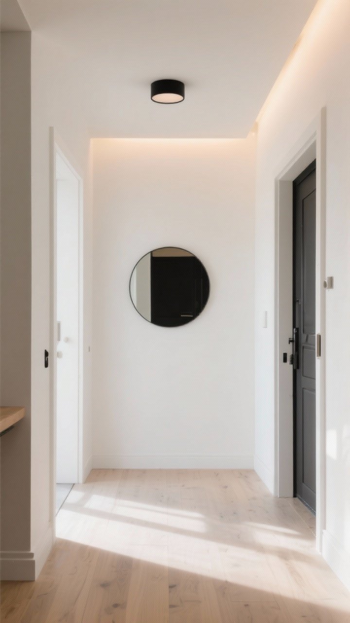 A wide, straight-on shot of a Scandinavian entryway bathed in natural light, with soft warm white walls in a shade like Alabaster/Swiss Coffee, a slim round mirror on the wall, and a simple flush-mount ceiling fixture in matte black; the palette is calm white, beige, and pale gray with small touches of black and light wood, using 2700–3000K warm LED glow that feels cozy, photorealistic and serene