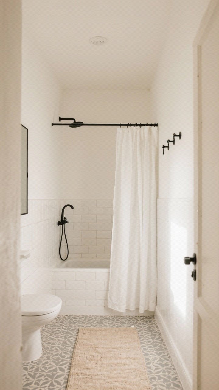 A wide, straight-on shot of a small Scandinavian bathroom bathed in soft, warm light, featuring walls painted in warm white (Swiss Coffee/creamy off-white), soft white subway tile, and a palette of soft whites, warm grays, and pale beiges; simple white shower curtain and a light beige rug tone down existing patterned floor tile; subtle matte black accents in the faucet, frame, and hooks create careful contrast without harshness; overall airy, calm mood with zero clutter and harmonious, not perfectly matched, whites.