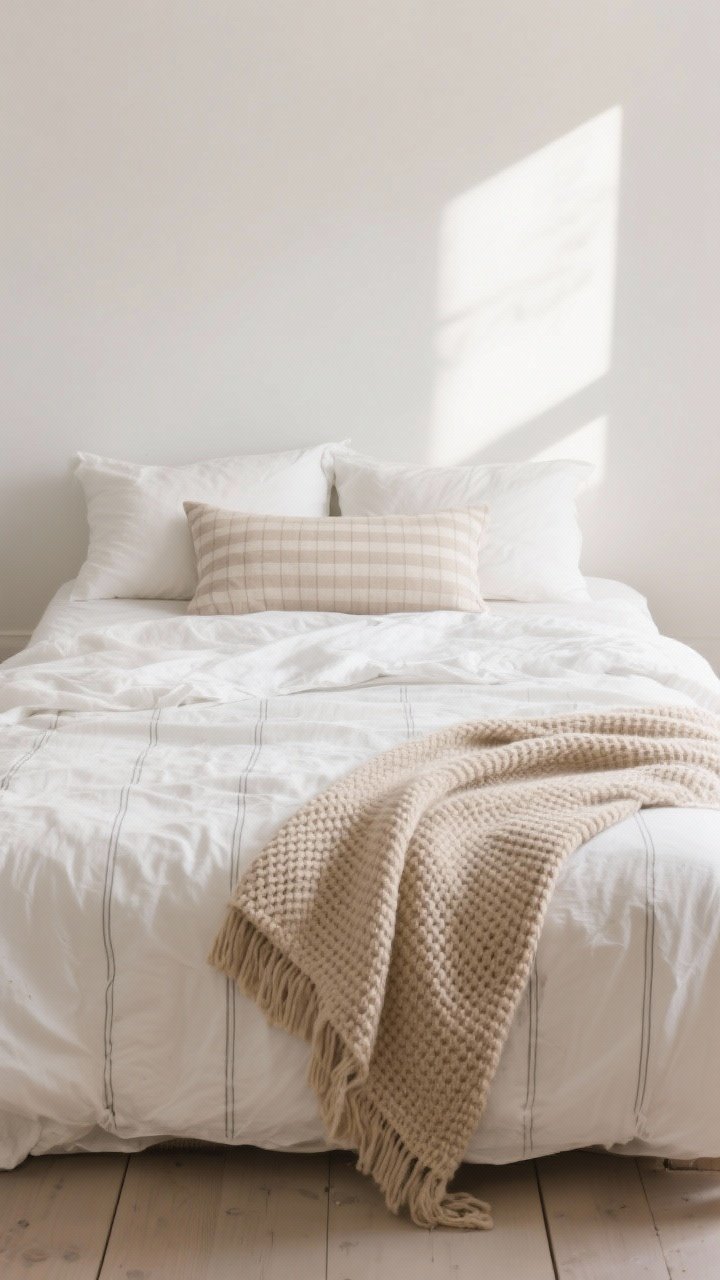 A wide, straight-on shot of a styled Scandinavian bed for everyday hygge: crisp off-white cotton percale sheets, a light neutral oat-toned duvet, two sleeping pillows plus one long lumbar in a tone-on-tone subtle mini-check; a waffle-knit throw in warm beige draped loosely at the foot; patterns kept quiet with thin stripes and soft textures; natural morning light for an inviting, relaxed look with an imperfect, effortless fold to the bedding.
