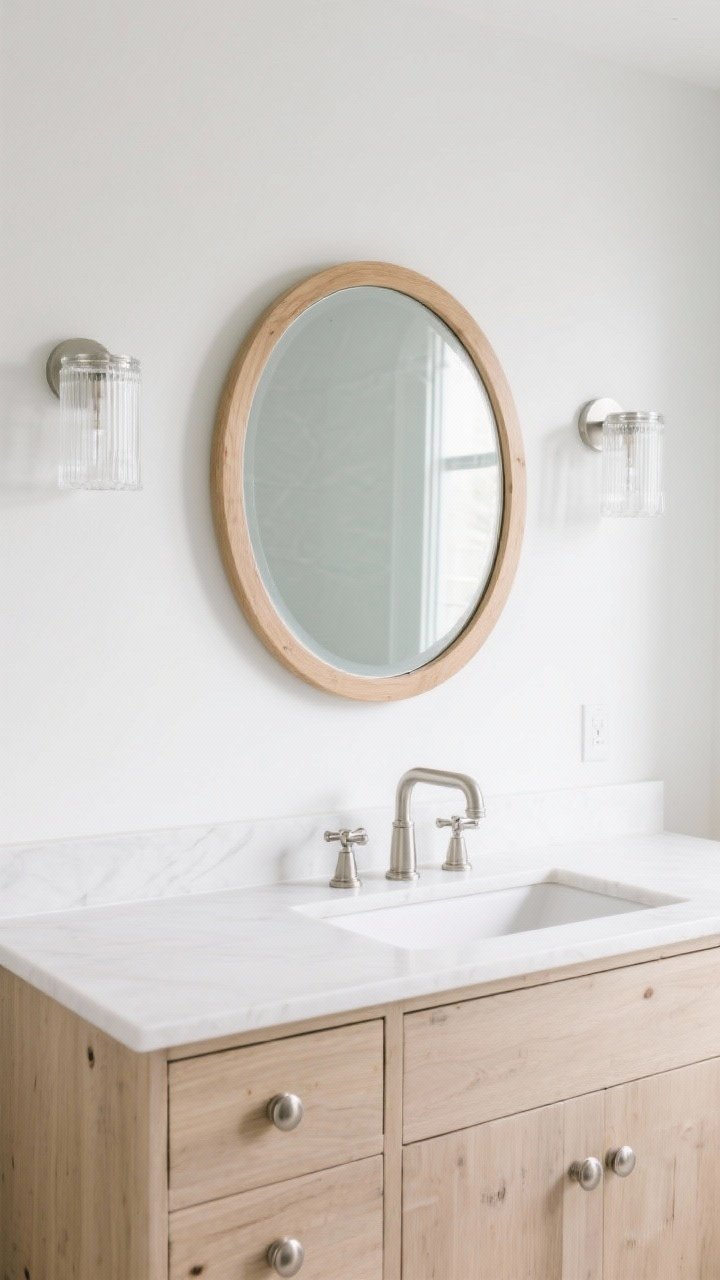 A wide, straight-on vanity scene showcasing high-impact swaps: brushed nickel round pulls on a light wood vanity, a clean gooseneck faucet with cross handles in matching finish, a round porthole-style mirror with a light wood frame, and clear glass sconces flanking it for a soft beachy glow. Keep finishes consistent (brushed nickel or chrome), matte white walls, and minimal styling for a crisp, upscale coastal refresh.