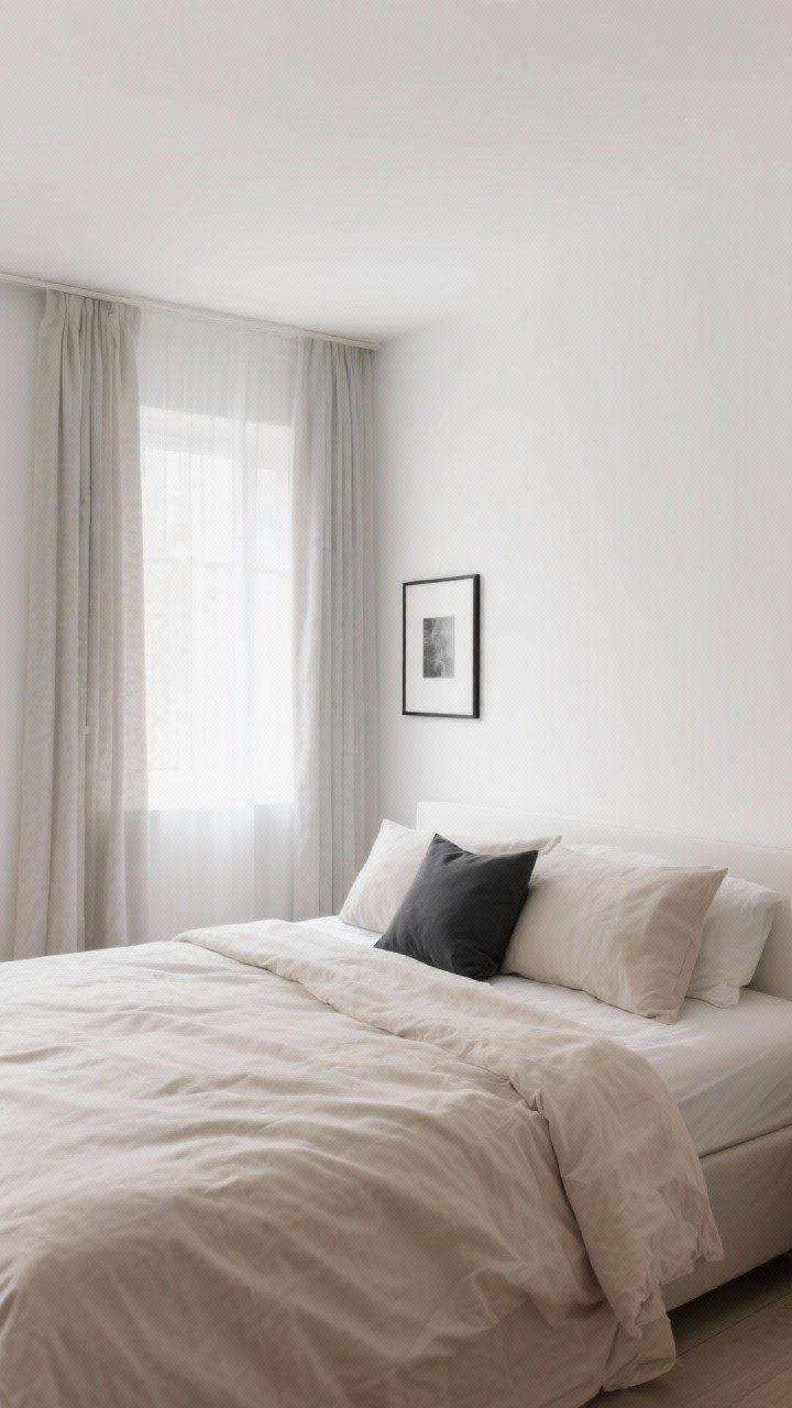 A wide, straight-on view of a serene Scandinavian bedroom with a calm, neutral base: creamy white accent wall, linens and curtains in matching light greige tones, and a cohesive set of beige sheets and duvet; subtle contrast appears in a single charcoal pillow and a thin black photo frame; soft, diffuse daylight fills the room; overall mood is subdued and airy, showcasing a consistent palette that makes the space feel larger.