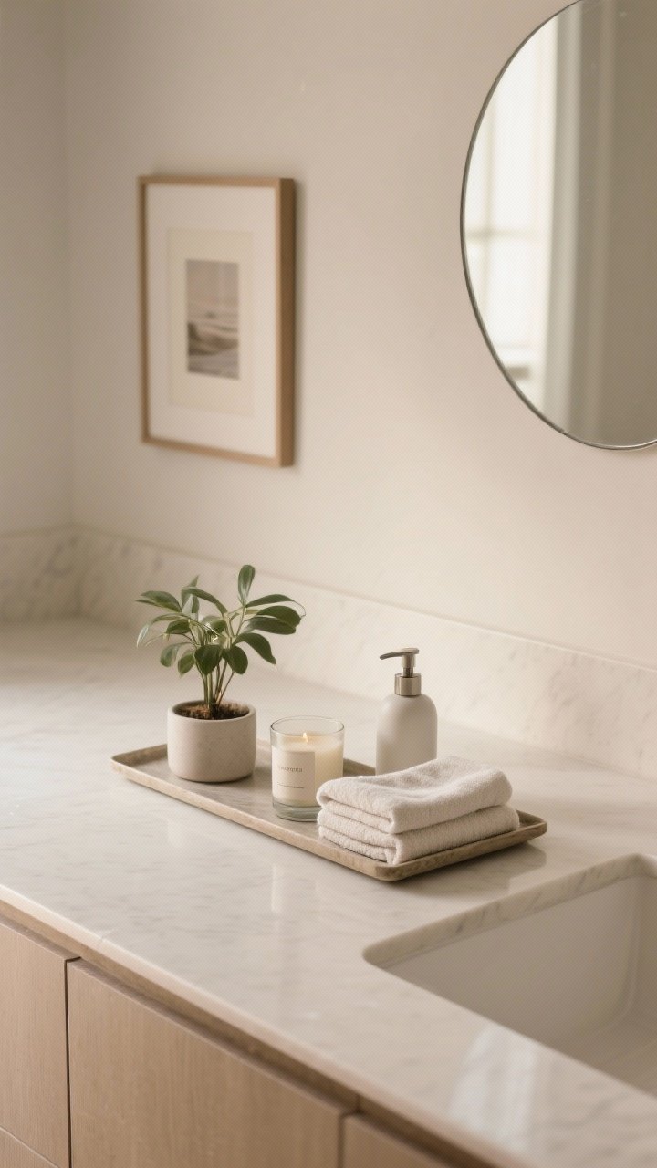 An overhead detail shot of a minimalist, styled countertop: nearly bare surface with just three intentional items grouped on a small tray—plant, candle, and a uniform pump bottle—alongside a neatly folded matching towel set; in the background, a simple round mirror and a single framed print serve as one understated focal point; soft, warm lighting and a pristine neutral palette convey edited, high-end Scandi serenity without clutter.