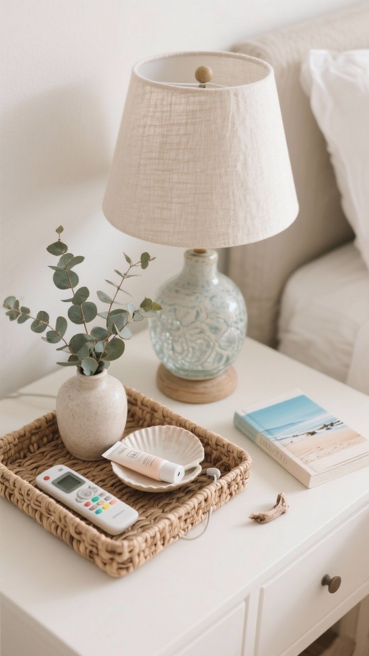 Closeup detail: A styled nightstand scene—woven tray corralling a remote, hand cream, and charger; a coastal lamp with a ceramic or glass base and a linen shade; a small vase with eucalyptus sprigs next to a shallow shell dish and a tiny piece of driftwood; a single beach photo or slim travel book; clean, airy composition with soft side lighting.