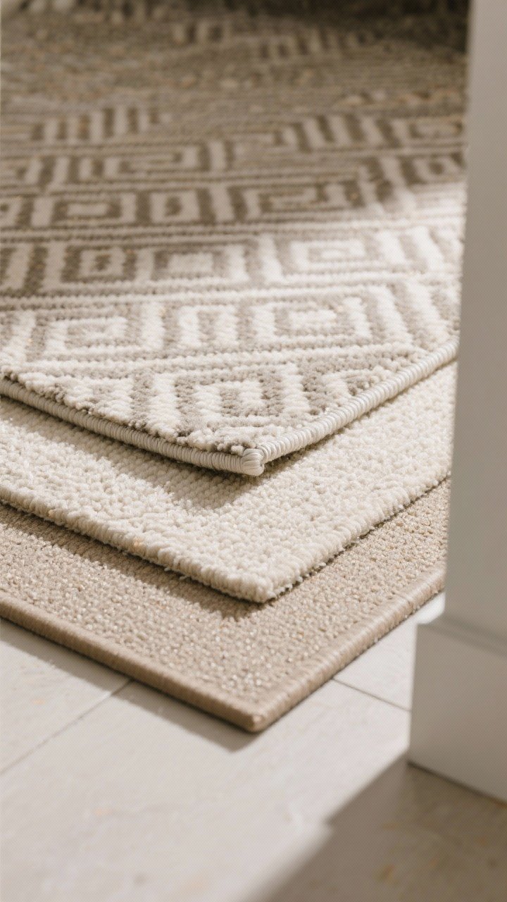 Closeup detail of layered mats: a neutral anti-fatigue base in beige with beveled edges fully covered by a low-pile flatweave decorative rug on top in a small-scale geometric pattern that hides stains. Show the size relationship (top rug neatly within base footprint), and secure edges with discreet rug tape visible at a corner. Texture-forward lighting from the side to reveal pile height differences; crumbs-free but realistic fibers.