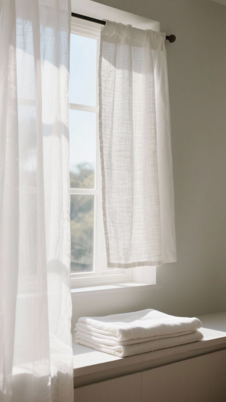 Closeup detail shot: A sunlit window with two hanging fabric swatches side by side—sheer white voile diffusing soft, dreamy light, and a crisp white linen-blend panel with subtle slub texture; behind them, a third sample of cotton percale/twill appears smoother and structured on the sill, and a folded lined white velvet/triple-weave blackout sample shows dense, light-blocking thickness; natural daylight glows through the sheer, while the blackout sample reads matte and opaque; neutral backdrop, photorealistic fabric weave and edges in focus.