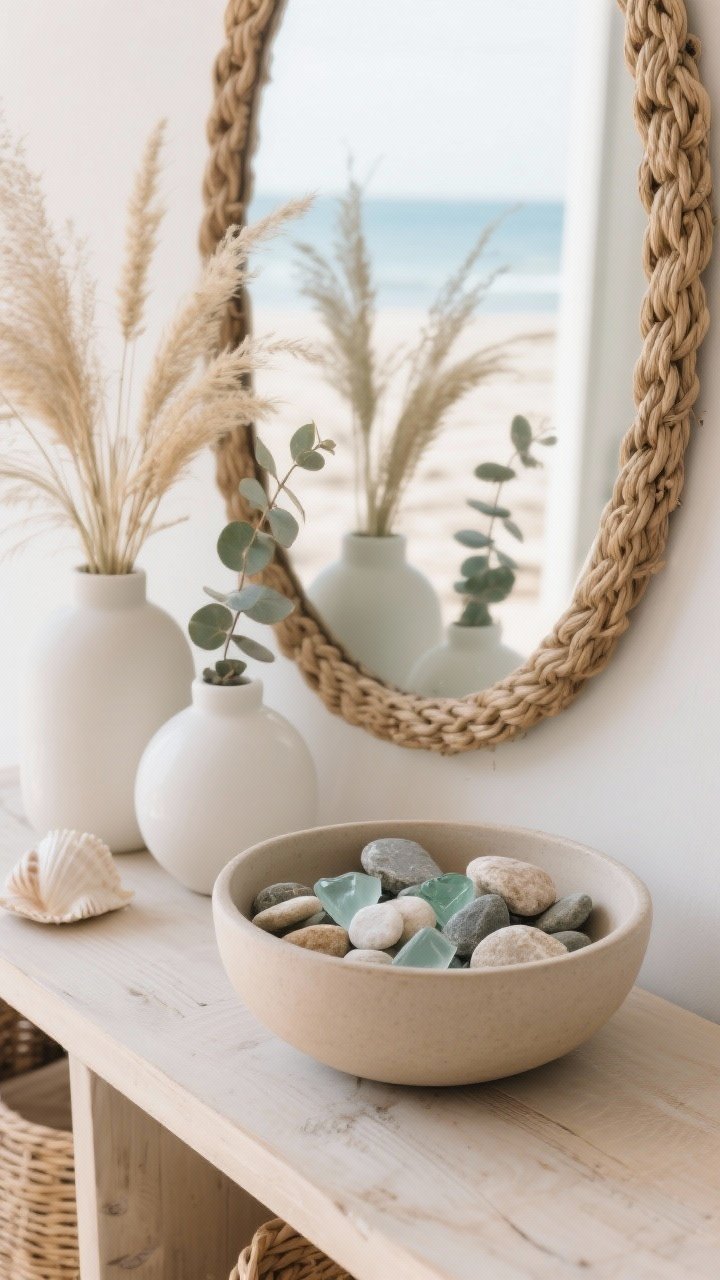 Closeup detail shot of natural decor with a subtle coastal feel: a matte sandy-toned ceramic bowl filled with smooth found stones and sea glass on a bleached wood console; matte white and sandy vases holding dried grasses and eucalyptus; a rattan or rope-trimmed mirror catching soft reflected light in the background; textures of sea grass and rattan visible, no kitschy shells; gentle natural daylight for a calm, beachy mood; overhead/three-quarter angle for styling emphasis, photorealistic.