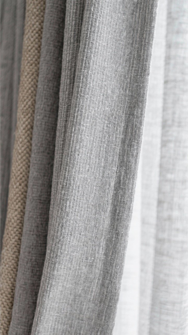 Closeup texture shot of quiet patterns on Japandi curtains: stone-grey thin tonal stripe on a lighter grey panel, plus a basketweave linen section and a two-tone heathered fabric swatch, all tone-on-tone and subtle; side lighting to reveal weave depth without harsh contrast; calm, organic, zen feel; no loud motifs, just refined slubbed textures and delicate herringbone-like structure; photographed at a slight angle to highlight the fabric grain.