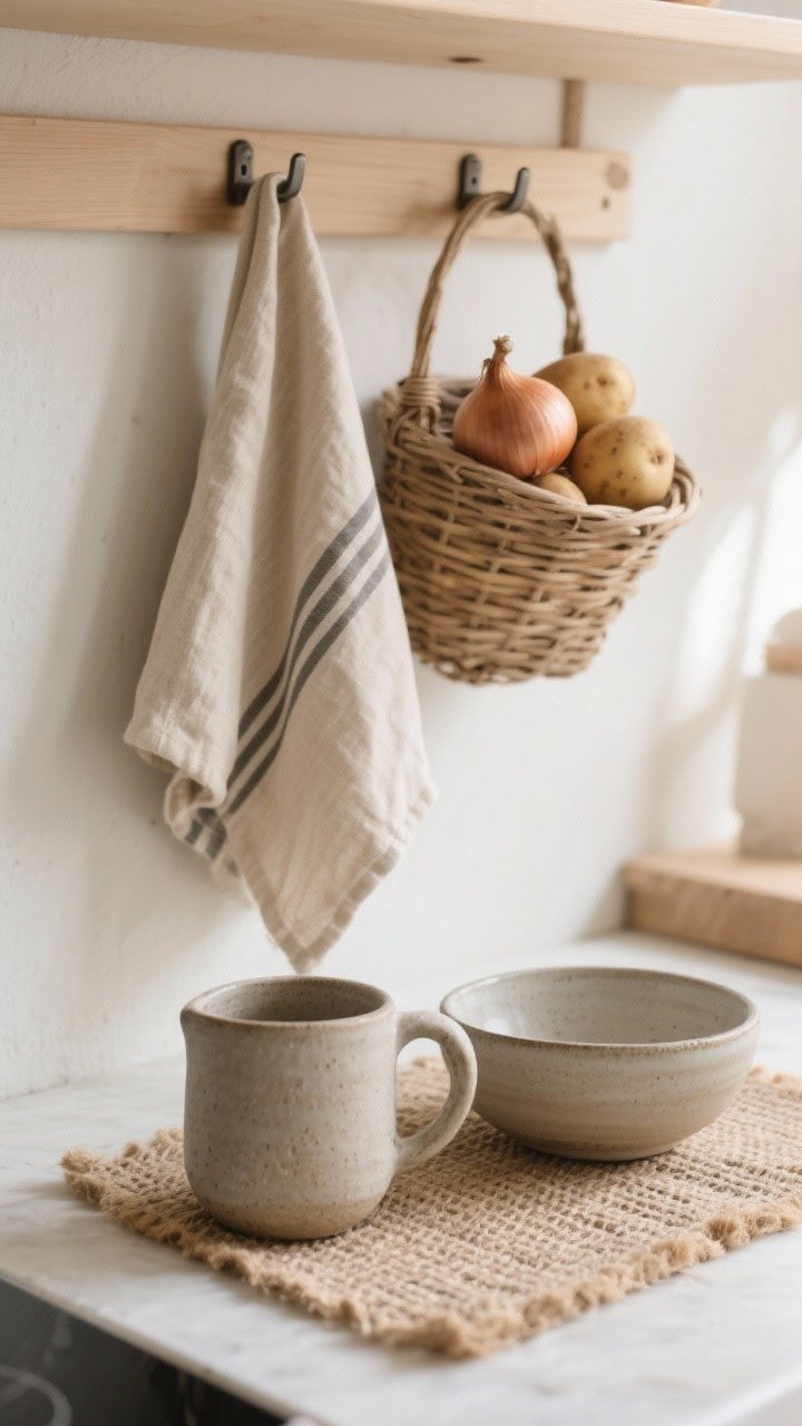 Closeup texture study on a Scandinavian kitchen surface: oatmeal-toned linen tea towel with subtle stripes draped on a hook, woven basket holding onions/potatoes, hand-thrown stoneware mug and bowl with matte glaze, and a low-pile jute/flatweave runner edge visible; cohesive repetition of 2–3 textures; pale wall and light wood hints; gentle natural side light emphasizing tactile contrast, detail shot