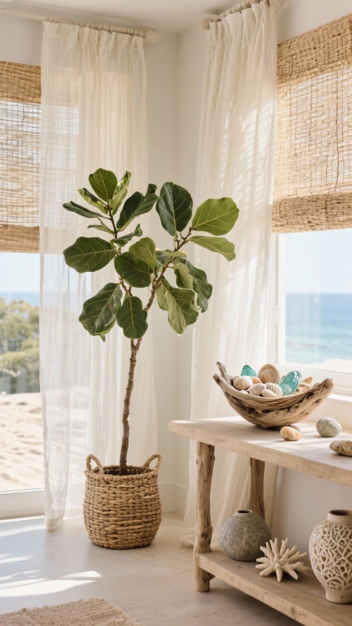 Corner angle medium shot: A sunlit room with sheer linen curtains diffusing light over woven shades, blurring indoors and outdoors; tall greenery—a fiddle-leaf fig or olive tree—in a woven basket planter; a console table topped with a driftwood bowl filled with shells, stones, and beach glass; additional biophilic accents like coral-inspired ceramics and small stone objects; breezy, bright mood without visible sand or clutter.