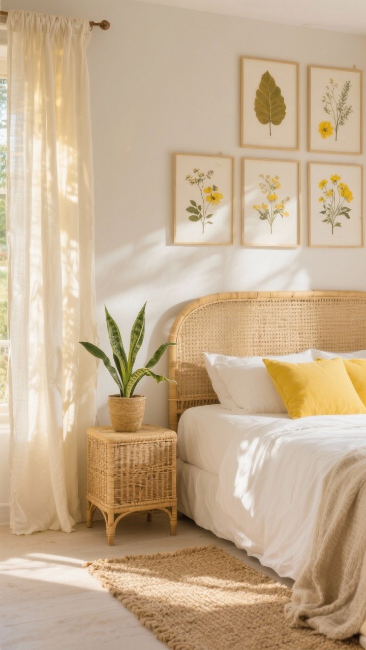 Corner medium shot with natural, sun-washed textures and botanicals: cream linen curtains filtering golden daylight onto soft yellow accents; rattan nightstand beside a cane headboard, jute rug underfoot; botanical prints (pressed leaves and subtle florals with yellow accents) arranged above the bed; a healthy snake plant on the nightstand; overall palette of flax, cream, and gentle yellow; airy, Provence countryside vibe; photorealistic, no people.