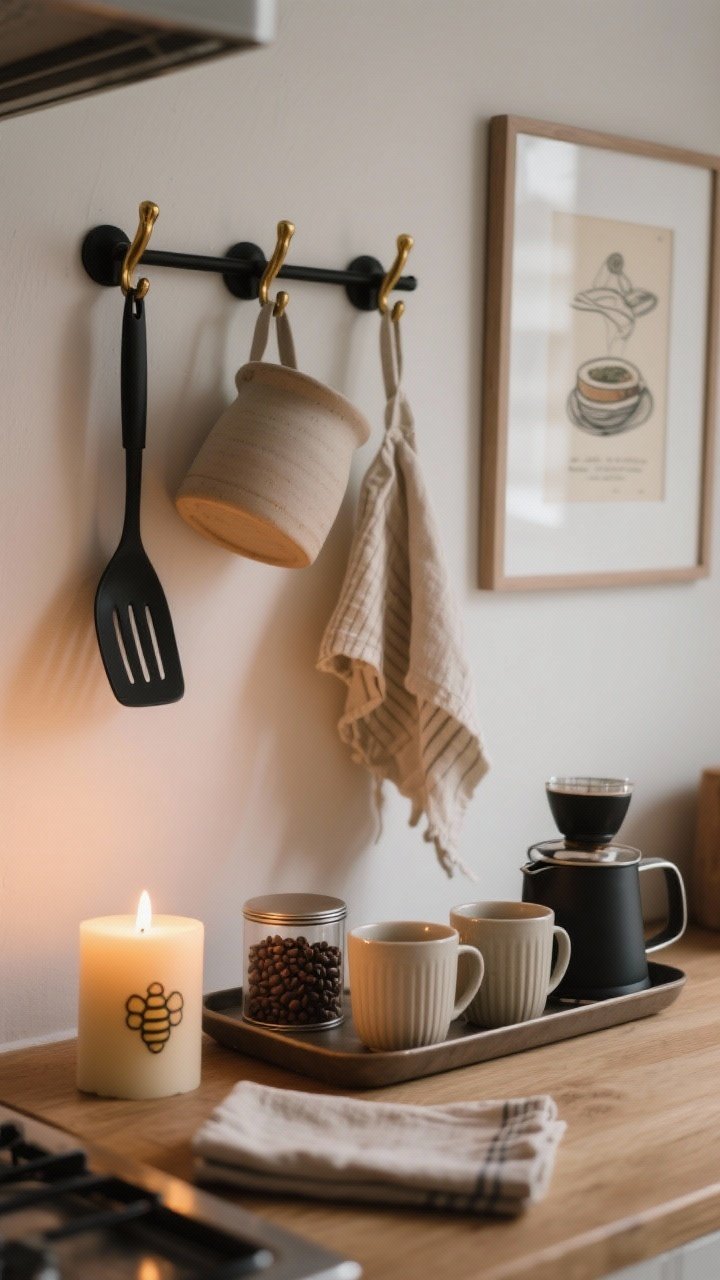 Cozy detail vignette of Scandinavian kitchen accents: matte black or brass hooks on a warm white wall holding an apron and linen towel; neutral pottery utensil crock replacing plastic; minimal line art or muted vintage food print in a slim frame; a small coffee station on a tray with prettiest mugs, a bean canister, and a folded linen napkin; unscented beeswax or soy candle casting warm evening light; intimate, moody glow, closeup straight-on shot