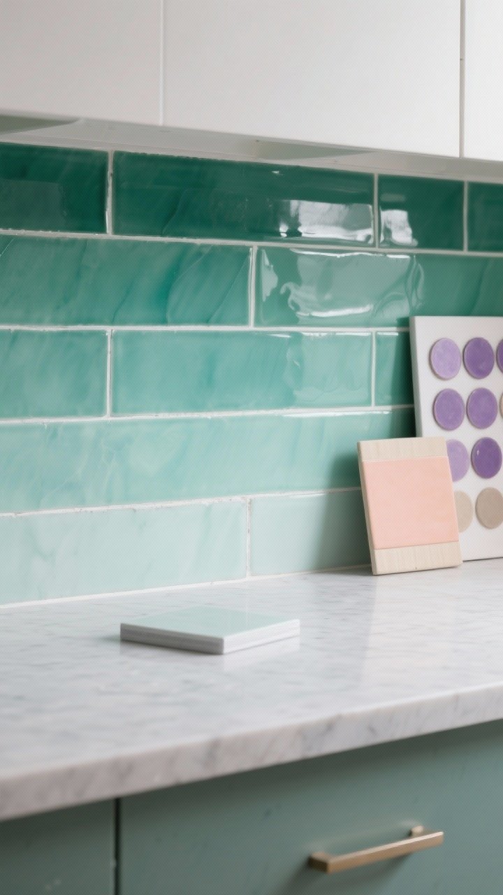 Detail/closeup: A backsplash vignette showcasing sea-glass green zellige tile with slight variation and a gentle glossy sheen, paired with light quartz counters. Include an inset section showing lavender penny rounds and a peachy-beige ceramic sample board nearby to suggest options. Use off-white grout for the installed tile; a small sample board with light gray grout sits on the counter. Tonal gradient tiles (three shades within sea-glass green) arranged in a subtle ombré strip. Side-lit to emphasize texture, photorealistic.