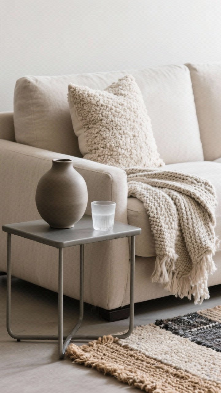 Detail closeup: A layered texture vignette on a neutral sofa arm—boucle pillow next to a nubby knit blanket, with a soft linen throw draped casually. In the foreground, a matte ceramic vase and a frosted glass tumbler sit on a powder-coated metal-legged side table. Include a jute or wool rug edge beneath, showing three to four textures repeated. Soft, even natural light, shallow depth of field to emphasize material richness without clutter.