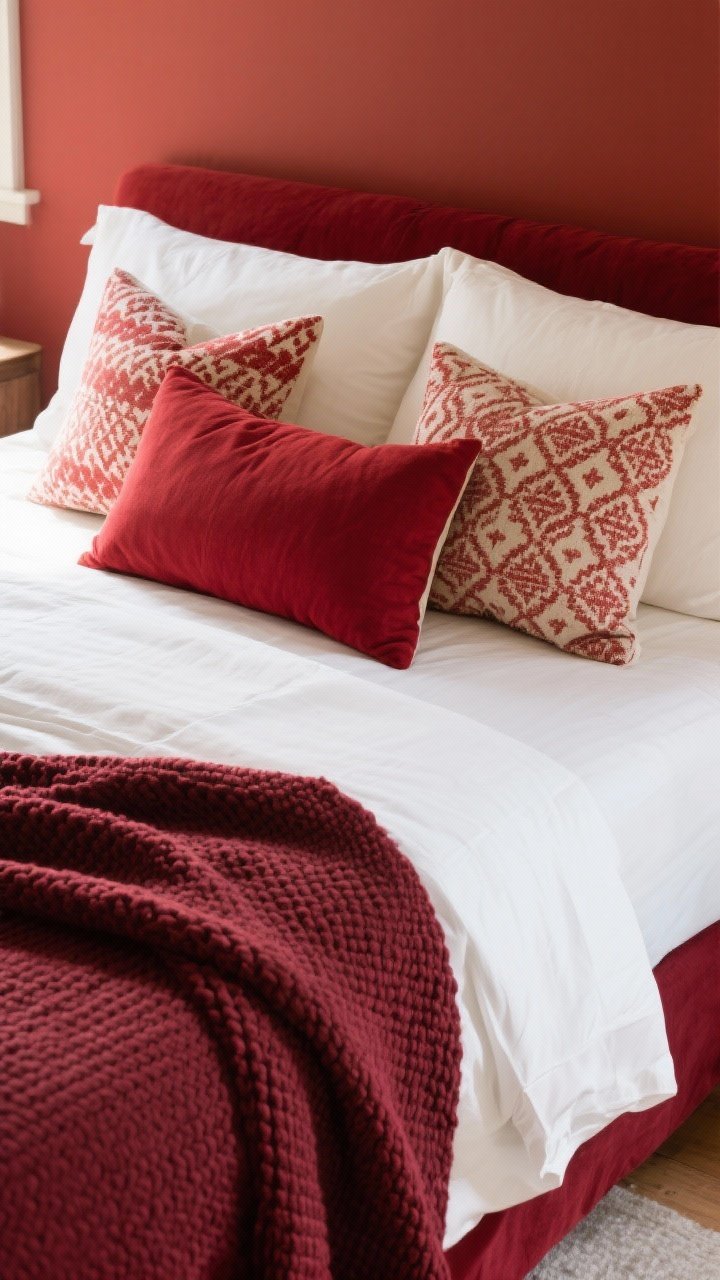 Detail closeup: A red-forward bedding vignette from an overhead angle. Crisp white sheets, a muted oxblood duvet, layered pillows (two neutral linen euros, two patterned pillows featuring red, one bold solid cranberry lumbar), and a chunky knit throw in deep burgundy draped at the corner. Natural cotton/linen textures visible; soft diffused morning light to highlight fabric weave. No wall color focus—bedding is the star.