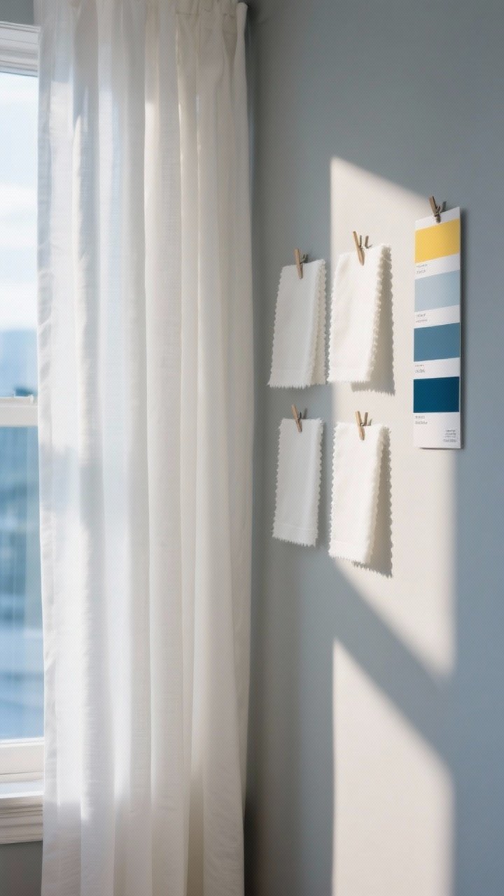 Detail closeup: A set of white curtain swatches pinned on a wall near a window, viewed at different times of day effect—cool north light hitting one side, warm sunlight on the other—showing undertones: off-white/warm white, crisp white, slightly cool white, and soft neutral white; a cool gray wall sample alongside a bold wall color card to demonstrate contrast; the scene emphasizes how the same white shifts toward blue or yellow depending on light; photorealistic fibers and label tags visible.