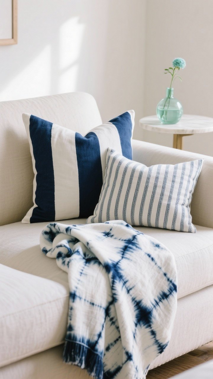 Detail closeup: A styled sofa corner showcasing a tight navy-and-white pattern mix—one wide navy stripe lumbar pillow, a navy-and-white shibori throw cascading over the arm, and a small-scale ticking stripe pillow; palette limited to navy, white, soft beige with a tiny glass bud vase in sea-glass green on the side table; diffused daylight, crisp fabric texture, photorealistic.