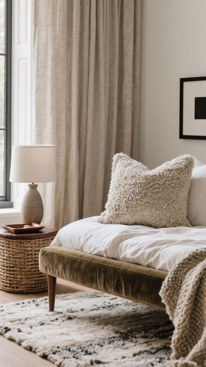 Detail closeup: A tactile vignette of layered textures—bouclé pillow against a linen duvet, a velvet bench edge visible; a soft low-pile wool rug beneath, linen-blend curtains hung high and wide in the background; accents include a woven basket, ceramic lamp base, and a leather tray; a single high-contrast element like a matte black picture frame; diffused daylight highlighting fabric weaves, photorealistic.