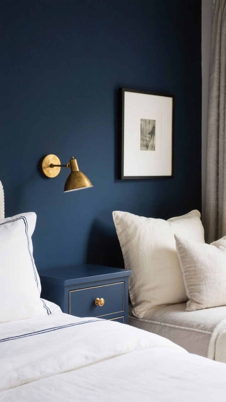 Detail closeup: Crisp navy-and-white contrast with pops of brass—white coverlet with navy piping neatly folded, brass sconce mounted on a navy wall, dresser drawer with new brass knobs, and a framed print with a thin white mat in a black or brass frame; soft, warm lighting to keep whites from feeling stark, with hints of bone, cream, and greige textiles in the background for a softened contrast.