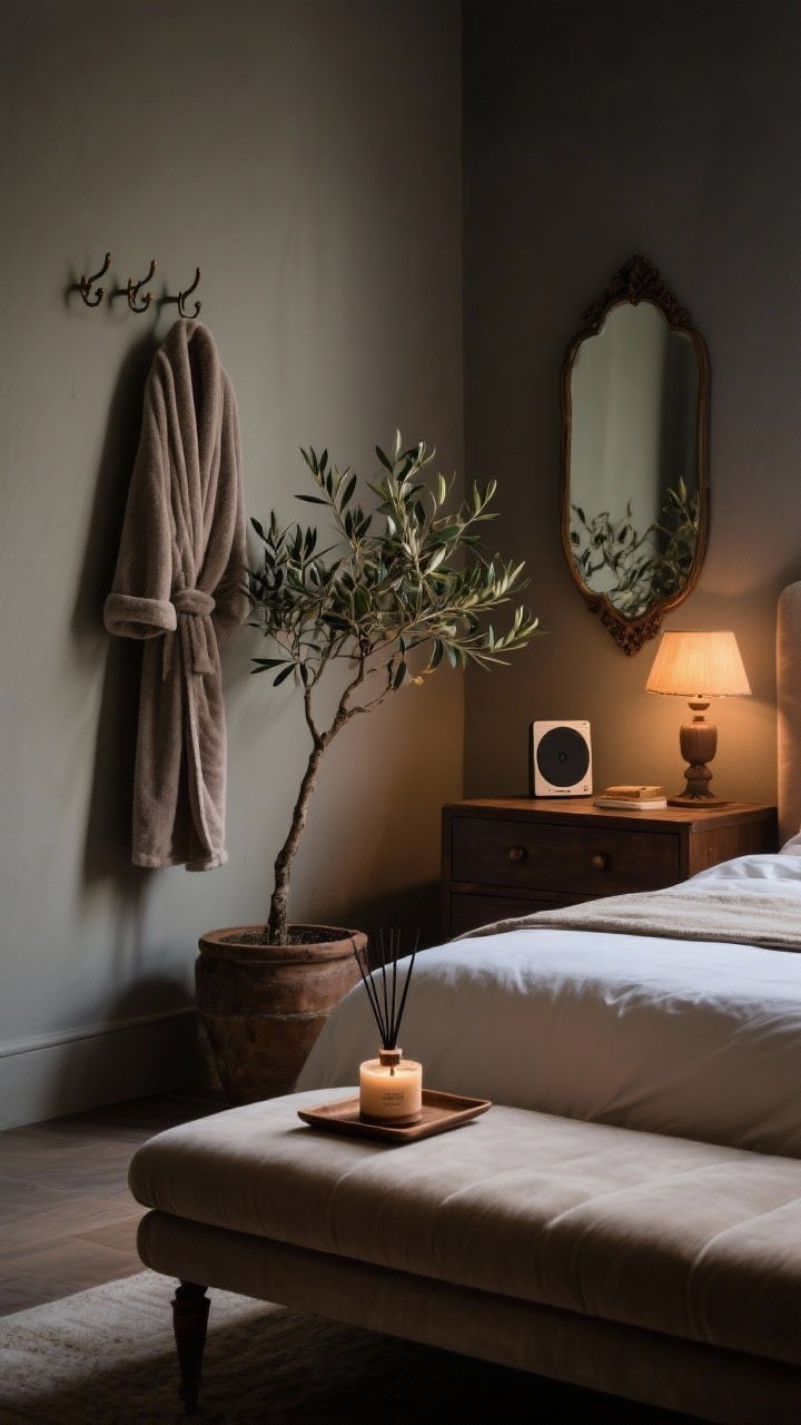 Detail closeup, moody lighting: Sensory finishing touches—a sandalwood candle beside a small diffuser on a tray, a compact speaker on the dresser, a plush robe hanging from a wall hook, and a soft upholstered bench at the foot of the bed; a potted olive tree in the corner for greenery; one personal luxury like a vintage mirror reflecting warm lamplight; intimate, boutique-hotel feel, photorealistic.
