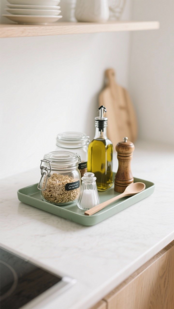 Detail closeup of an edited Scandinavian kitchen counter vignette: clear labeled glass jars with decanted dry goods, a small tray corralling olive oil, a salt cellar, a pepper mill, and a wooden spoon; tight palette of whites, light woods, glass, and a soft green accent; minimal clutter, intentional arrangement; neutral warm white backdrop; soft diffuse daylight, overhead perspective