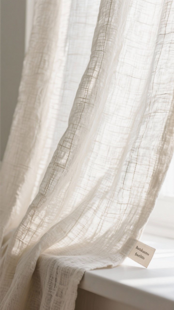 Detail closeup of curtain fabric drape: medium-weight stonewashed Belgian linen in a slightly open weave, neutral off-white, showing natural slubs and gentle wrinkles; photorealistic texture with soft morning light backlighting the fibers so light filters through in a dreamy way; cotton-linen blend tags subtly visible on the hem to suggest material quality; calm, breathable, quiet-luxury vibe