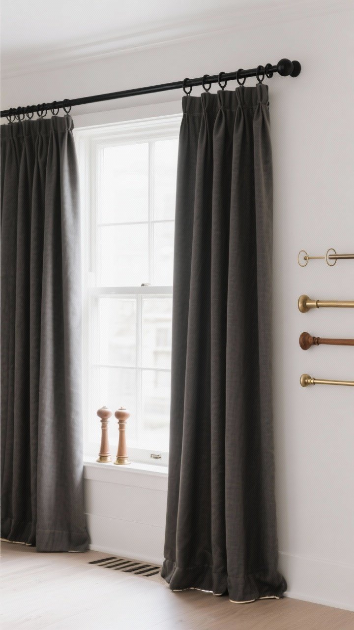 Detail closeup of installation and hardware focusing on clean lines: a matte black rod mounted 8 inches above the window and extending 8 inches past each side; curtains at full 2x window width “kissing” the floor with a 1–2 inch break; hidden tab header for structure, with a few clip rings shown on an adjacent panel for comparison; brushed brass and natural wood finial samples on the sill; bright, even daylight emphasizing precision and fit