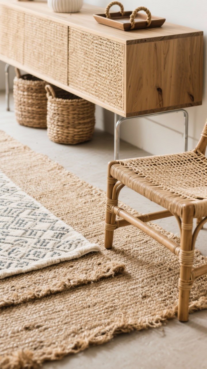 Detail closeup of layered natural textures: a jute rug base with a smaller patterned cotton rug layered on top, rattan accent chair leg, cane-front console edge, rope-handled tray on the floor beside woven baskets; materials include rattan, seagrass, jute, raw wood with light metal accent; soft natural side lighting emphasizing tactile weaves and wood grain; balanced rough and soft textures, cozy not scratchy, photorealistic.