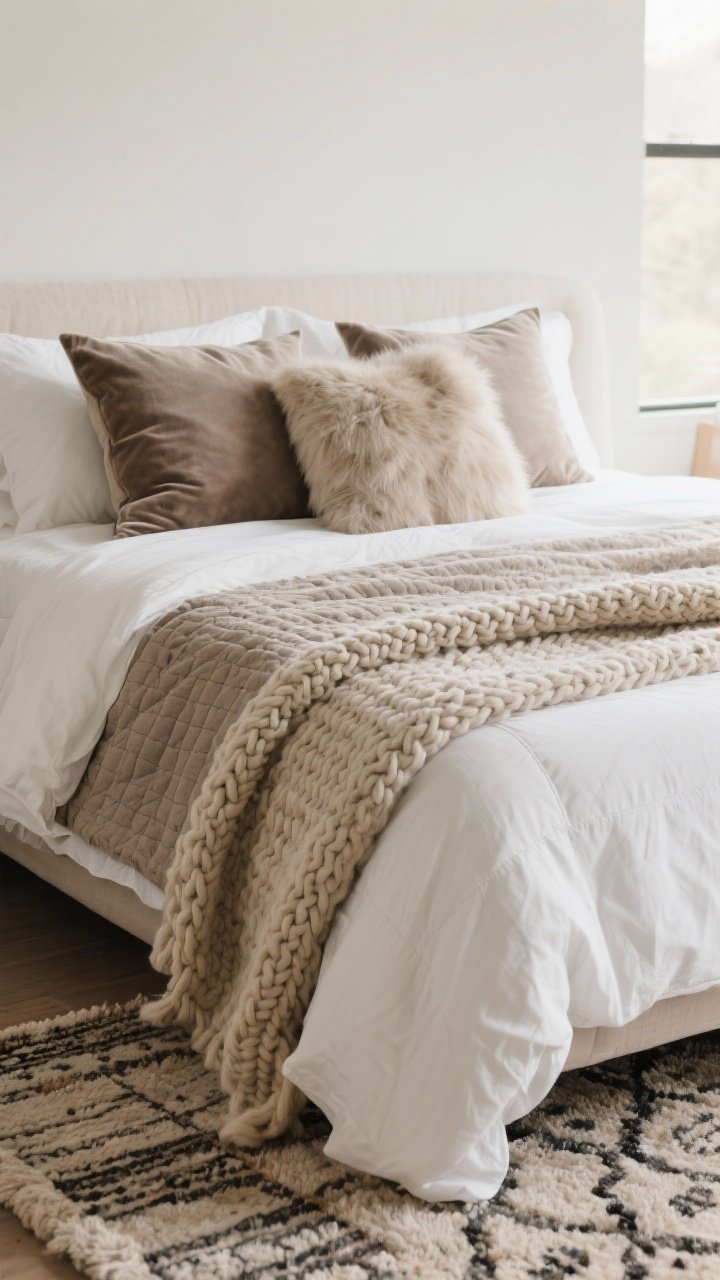 Detail closeup of layered textures on a bed: crisp white percale sheets peeking under a soft taupe quilt, topped with a chunky knit throw in oatmeal draped casually at the foot. Mixed pillow materials—linen shams, a small velvet accent pillow, and one subtle faux-fur lumbar—show tactile contrast. At the edge of the frame, hint a layered rug moment: patterned flatweave under a plush shag. Warm, diffused window light, restrained color palette, photorealistic.