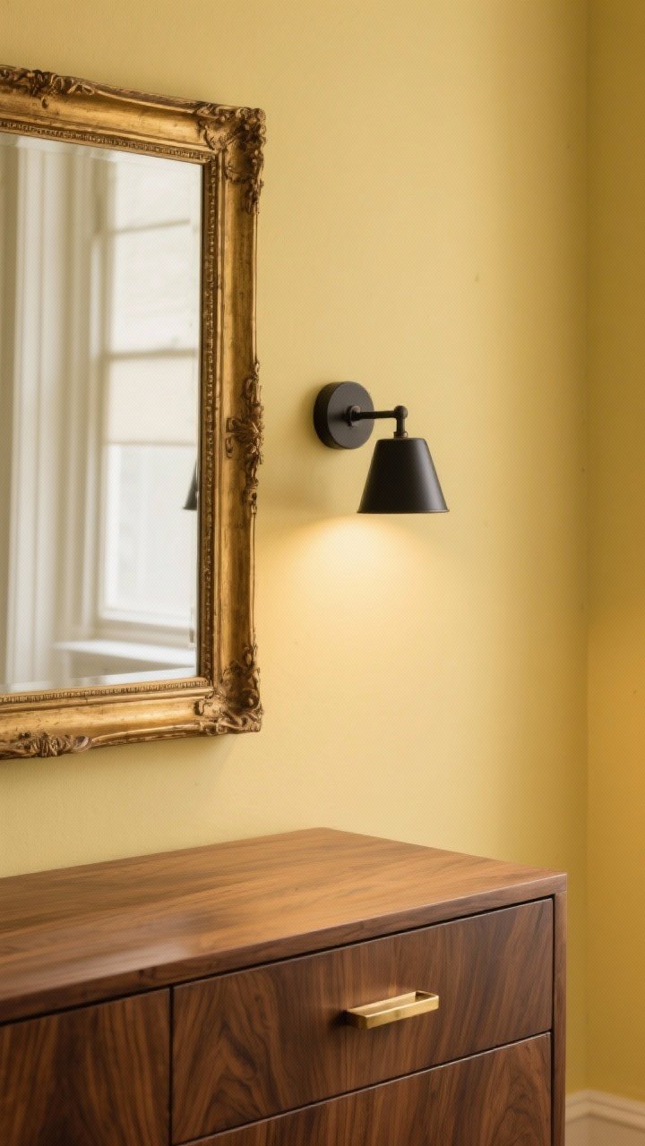 Detail closeup of materials and finishes that warm up yellow: a vignette of a pale yellow wall meeting a walnut dresser top; brushed brass drawer pulls catching soft light; an antique gold framed mirror edge; a matte black sconce arm crossing the frame for contrast; subtle wood grain and metal textures rendered clearly; controlled warm indoor lighting; photorealistic, no people.