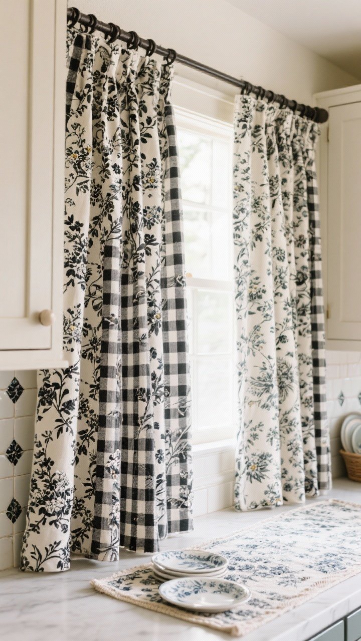 Detail closeup of patterned kitchen curtains showing fabric texture and print clarity: options like gingham (ideal with shaker cabinets), toile or botanical for a cottage feel, or micro-florals; color pulled from a backsplash tile, runner rug, or displayed dishware for cohesion; a bold black-and-white pattern variant for a crisp graphic moment; neutral wall behind so the print stands out; sharp fabric weave detail in natural daylight, photorealistic, no people.