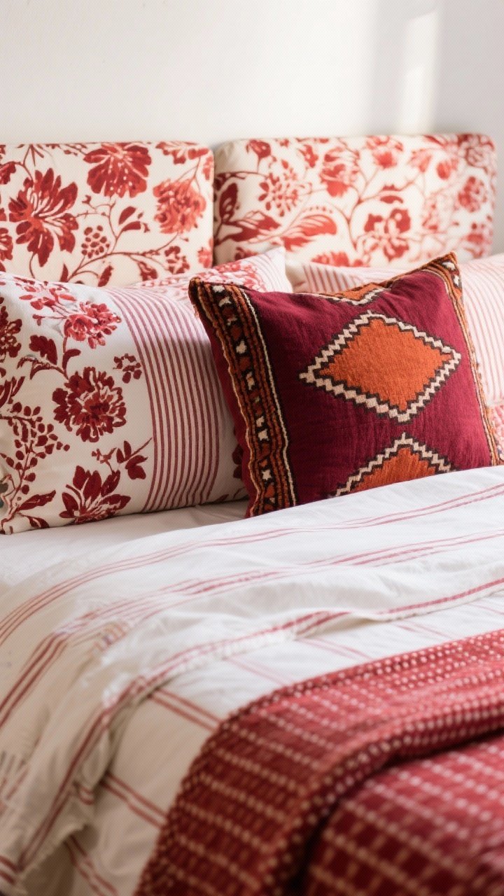 Detail closeup: Pattern mix focused on textiles. Pinstriped white-and-red sheets partially turned down, floral shams in coordinating red tones leaning against the headboard, and a folded kilim pillow showing burgundy and terracotta geometry. Include a cranberry micro-gingham throw at the foot, keeping to three pattern scales (large floral, medium kilim, small pinstripe). Soft side lighting to accent fabric texture; tight, intentional palette.