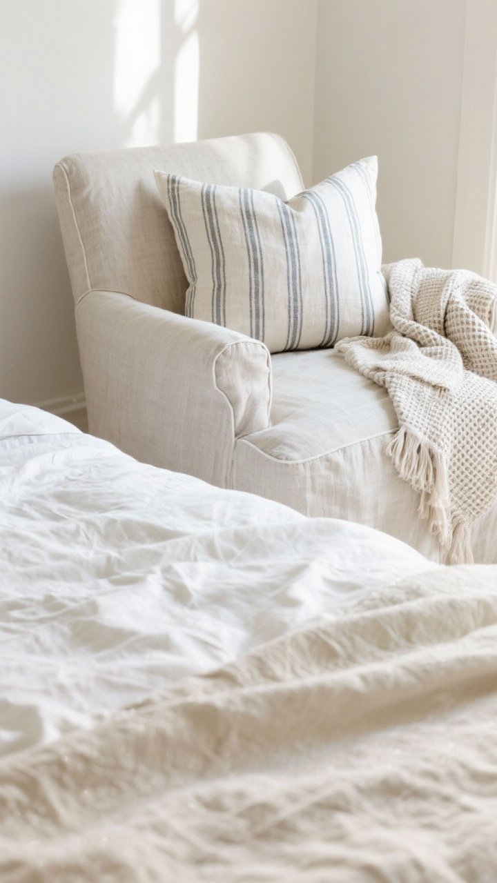 Detail closeup: Textiles on a bed and chair showcasing effortless summer-ready fabrics—wrinkled linen and cotton with performance slipcover fabric visible; a narrow stripe/ticking stripe pillow and a subtle check throw layered with gauzy throws and a waffle blanket; light, breathable textures in a soft, bright morning light; washable, relaxed coastal energy.