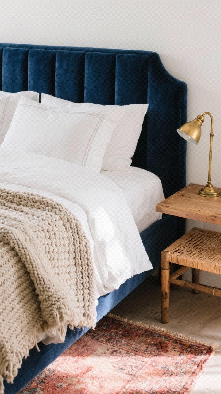 Detail closeup: Textural layering on a bed—navy velvet headboard, crisp white percale sheets, a relaxed flax linen duvet, chunky knit throw at the foot; beside the bed, a natural wood nightstand and a cane bench corner visible; a small brass or antique gold lamp catching light for a subtle shine; an edge of a low-pile vintage rug in rust and faded blush grounding the palette; soft morning light emphasizing fabric weaves and wood grain.