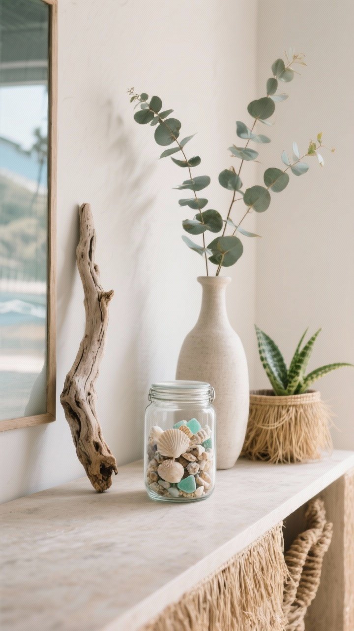 Detail closeup vignette on a console: a single glass jar with mixed shells and sea glass (one jar only), a sculptural piece of driftwood leaning against the wall, and a tall vase with eucalyptus branches creating a breezy silhouette; seagrass planter with a small snake plant at the edge of frame; grouped in an odd number arrangement with varied heights; natural light, subtle coastal mood, photorealistic.