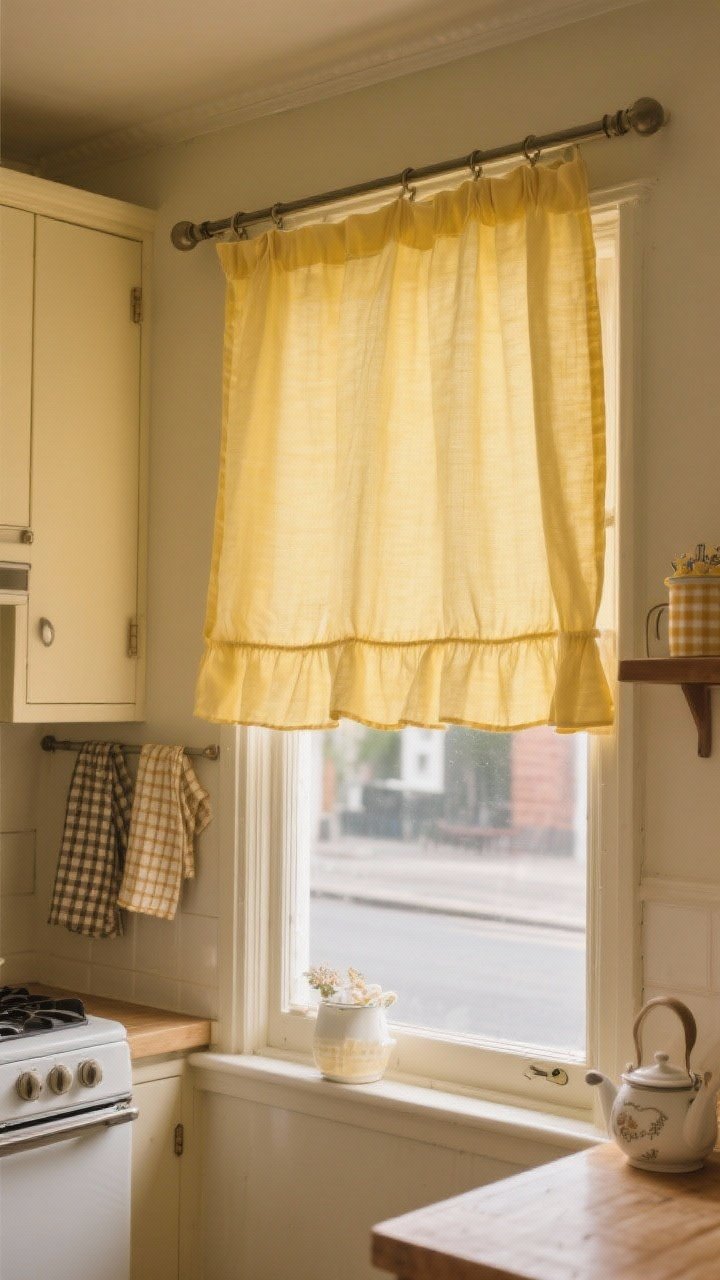 Detail/medium shot: A cozy kitchen window with butter yellow café curtains hung at half-height on a simple tension rod, hems crisp and tailored (no puddling). The soft daylight glows without harshness, providing privacy for a street-facing window. Include vintage-style checkered tea towels and a small gingham valance, cotton or cotton-linen fabric for easy washing. Photorealistic, retro-chic warmth.