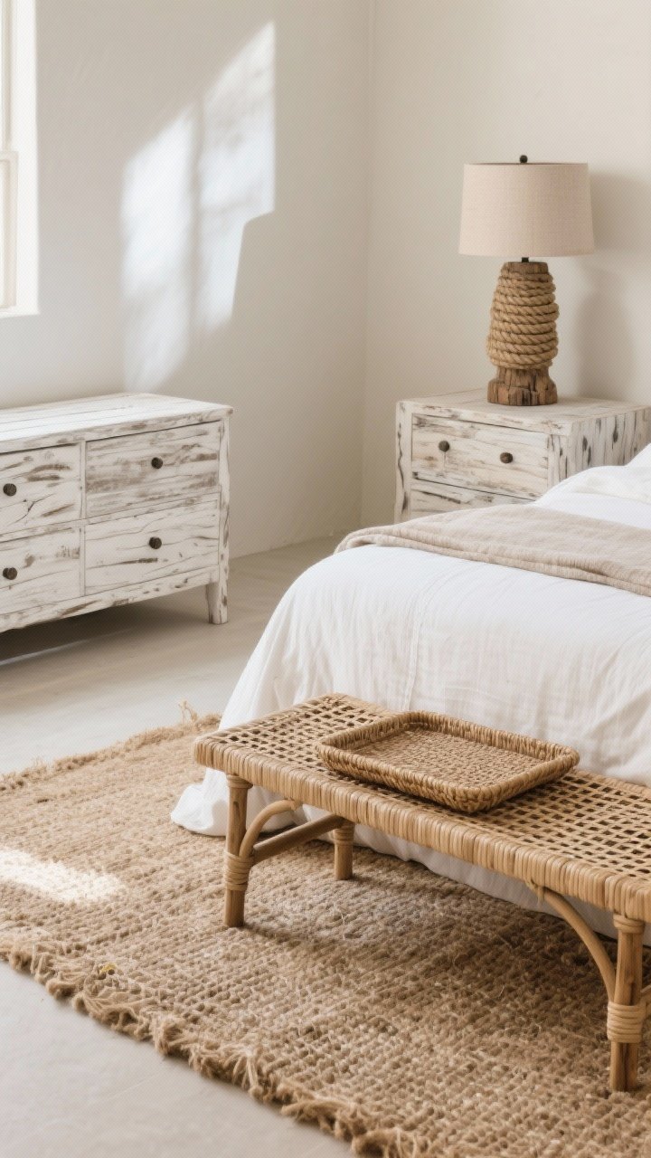 Detail shot: A corner vignette of natural textures featuring a jute rug layered under a bed edge, a rattan bench at the foot, a woven nightstand tray, and a rope or weathered wood lamp base; include a lightly whitewashed dresser in driftwood-inspired finish; closeup focus on tactile materials—jute fibers, rattan weave, and sun-bleached wood grain—under soft indirect daylight.