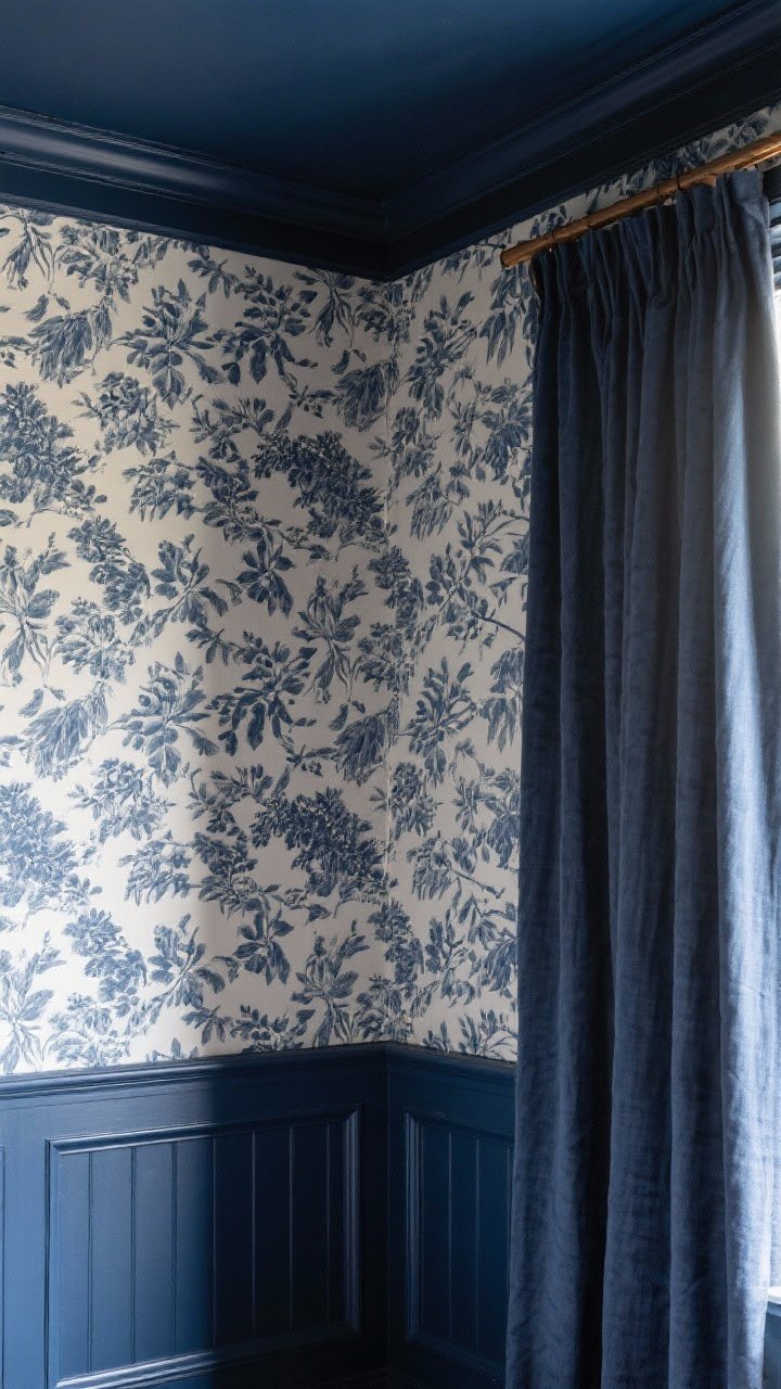 Detail shot: A feature wall in navy tonal botanical wallpaper with matching deep-blue board-and-batten molding for a unified look, viewed close to show the subtle pattern; ceiling just visible above, painted slightly darker with a soft satin sheen for a night-sky vibe; balanced by a simple, solid linen curtain edge in frame; warm, even lighting.