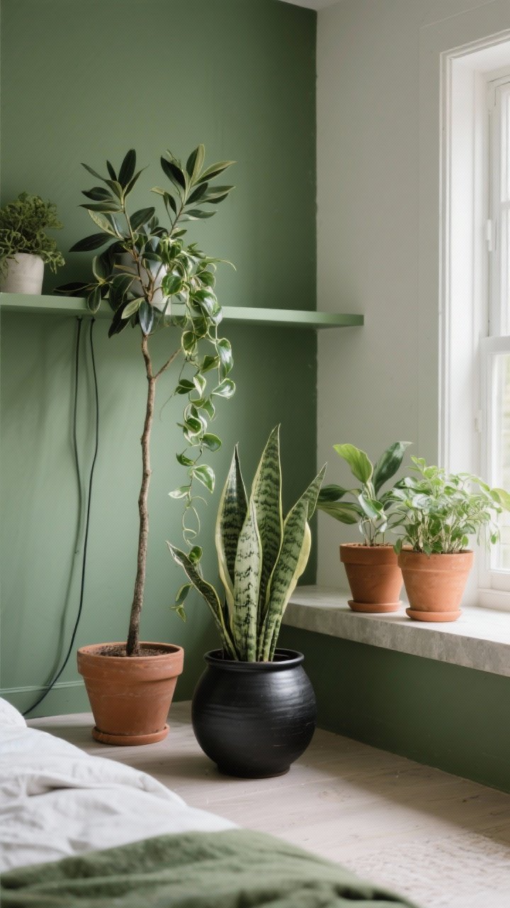 Detail shot: Curated botanicals in a green bedroom—ZZ plant and snake plant in matte black ceramic and terracotta pots clustered in a group of three on a low windowsill shelf; a trailing pothos cascading from a shelf against an olive painted wall; a slim faux olive tree adding height nearby; cords hidden, floor visually calm. Photorealistic, side angle closeup, gentle daylight.