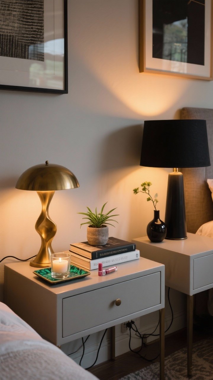 Detail shot: Nightstand styling like a pro—on one side, a sculptural brass lamp, a tiny plant in a malachite coaster detail, a stack of two books, and a small tray corralling candle, glasses, and lip balm; on the other side, a black lamp and a bud vase echo the visual weight; art hung 6–8 inches above nightstands; warm dimmable bulbs at 2700K for cozy glow; cords neatly clipped and hidden. Photorealistic, closeup, warm evening lighting.