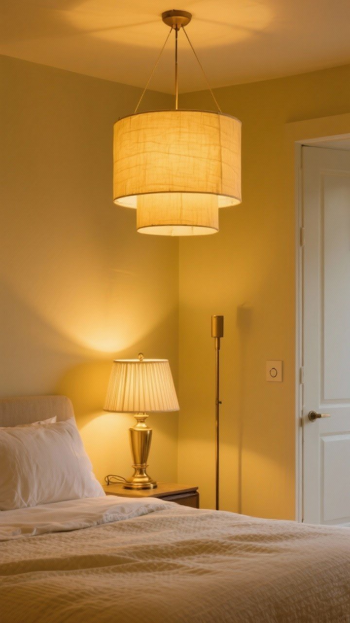 Detail shot of layered statement lighting tuned for yellow: a warm-glowing parchment drum pendant overhead (2700–3000K), a brass bedside lamp with a pleated linen shade, and a slim floor lamp in the corner; dimmer switch visible near the door; the light softly bathing a pale yellow wall and bedding, showcasing how textured shades diffuse light; evening golden-hour ambiance created artificially; photorealistic, no people.