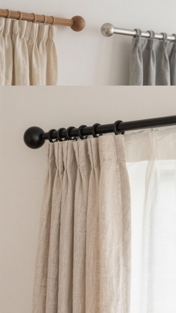 Detailed closeup of minimal curtain hardware: a matte black rod with capped ends holding oat linen panels hung on hidden back tabs, crisp and tailored; alternate detail in the background shows a natural wood rod with bone curtains and a brushed nickel rod with cool grey panels, all understated and matte; soft natural light, Japanese restraint with Scandinavian warmth; focus on hardware textures and the neat heading style, no ornate finials.