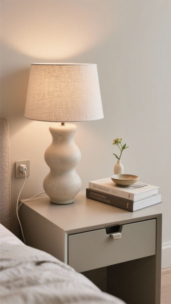 Medium, angled shot of a carefully styled nightstand vignette: a sculptural bedside lamp with a soft fabric shade, a short stack of two hardcover books with a small ceramic dish on top, and a tiny bud vase with a single stem. The nightstand has a drawer for hidden storage; a neat cord clip keeps a charging cable tidy at the back. Neutral wall, calm palette, clutter-free surface, warm ambient lighting, photorealistic.