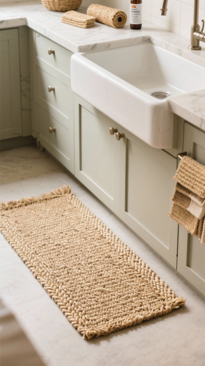Medium closeup: A sink and prep zone featuring a seagrass-look synthetic rug in a natural wheat tone with subtle braided texture; edges neatly bound, a low-profile rug pad underneath for grip; nearby are sisal-blend samples on the counter and a bottle of fabric protector; avoid thick jute—show a rolled thick jute sample set aside; soft side lighting highlighting texture, photorealistic, earthy and breezy vibe.
