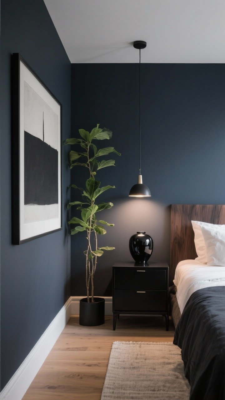 Medium corner angle: Moody-modern bedroom palette mixing navy walls with charcoal and black accents and deep wood tones; a lacquered black nightstand, glossy ceramic lamp, and large single art piece for clean curation; layered lighting visible—overhead pendant, bedside lamp, and a subtle accent light—to avoid flat shadows; a tall green plant adding life; lighter oak floor or pale rug grounding the space to prevent cave energy.