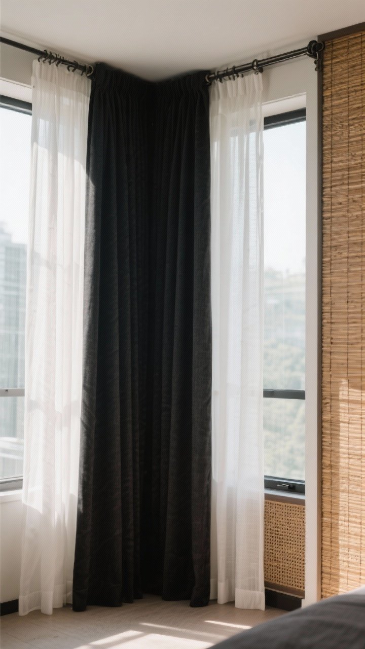 Medium corner angle of a layered window setup that controls light: double curtain rod with airy white sheers closest to the glass and black linen panels in front, partially drawn to show daytime softness; adjacent woven wood shades half-lowered add warm texture; include a discreet track or double-rod detail for a custom, hotel-glide look; balanced daylight with gentle shadows, cozy mood, no people, focus on the interplay of layers and privacy options.