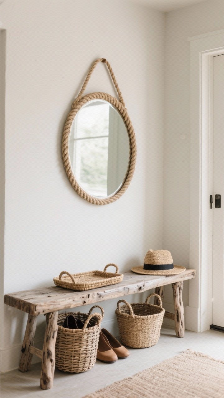Medium corner angle of an entry nook showcasing natural textures: a weathered wood bench in a driftwood finish paired with two wicker baskets for shoes and hats beneath; a round wall mirror with a rope-wrapped frame above; one rope-handled tray on the bench; materials limited to jute and weathered wood for a curated look; soft diffused daylight highlighting the texture of wicker, rope, and reclaimed wood; photorealistic, no people.