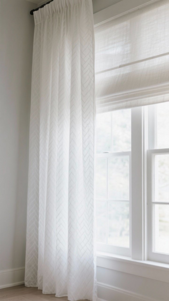 Medium corner-angle shot: Layered white window treatments—an inner sheer panel softly filtering daylight, with a front layer of white linen panels displaying relaxed texture; subtle white-on-white tonal herringbone pattern on the front layer reads as quiet luxury; the layering depth is the focus, showing the sheerness versus the heavier panel; optional Roman shade peeks behind the sheer for a hybrid look; calm, airy lighting with gentle highlights on fabric texture.