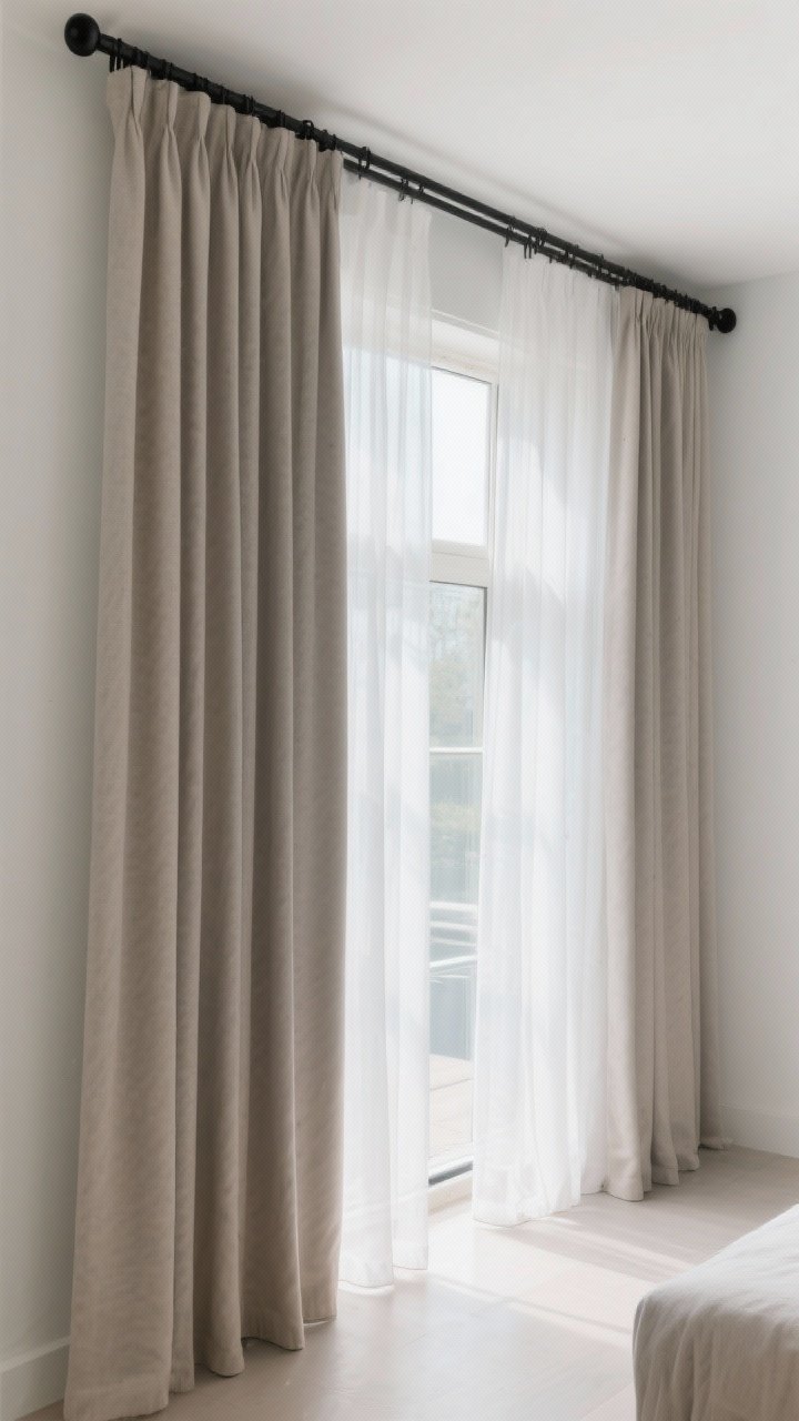 Medium corner-angle shot of a window treatment showing layered curtains: sheer white panels closest to the glass, topped with lightweight blackout panels in soft greige/taupe slightly darker than the wall; double curtain rod in matte black, clean minimalist finials; daylight filtering through the sheers with the blackout panels partially drawn for controlled brightness and privacy; tonal Scandinavian palette with a quiet, uncluttered room edge in view